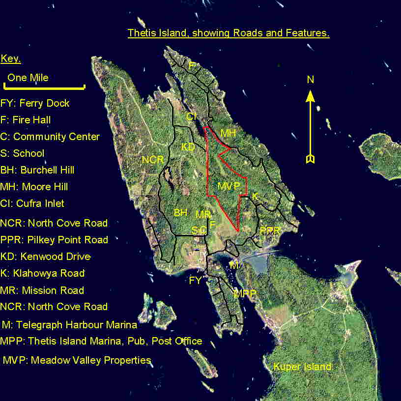 Satellite image of Thetis Island overlaid with roads and features, as .jpg. Please read on, below, if you are waiting for this to load.