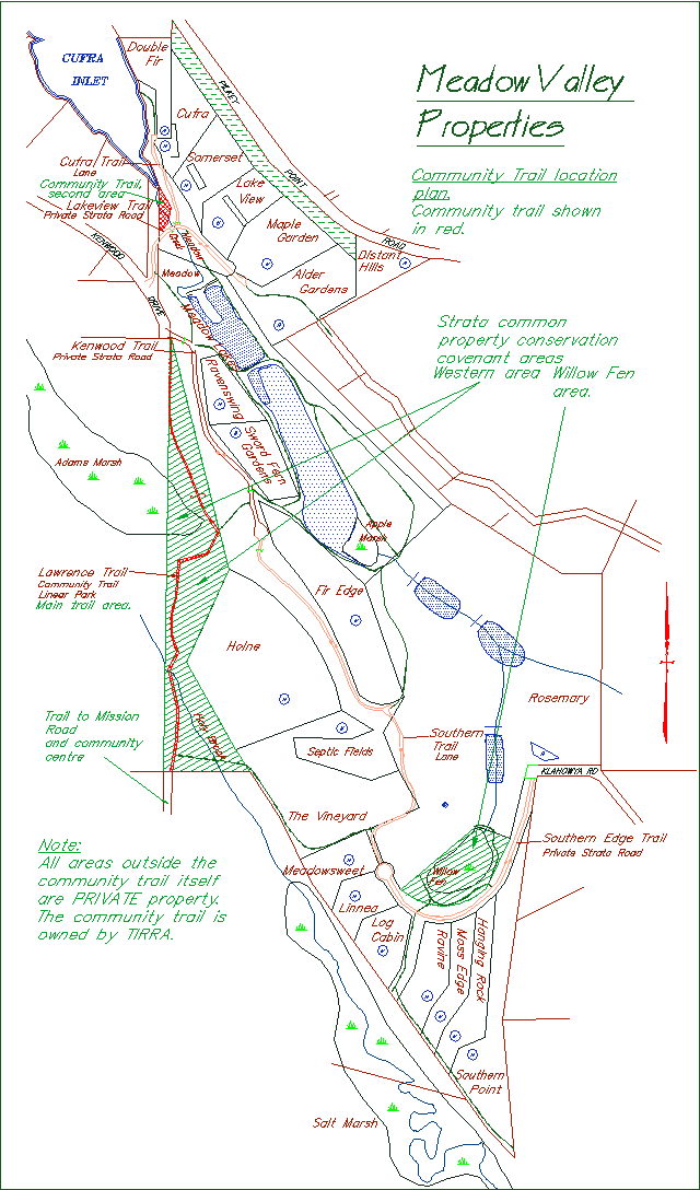Community park trail and conservation covenant areas.